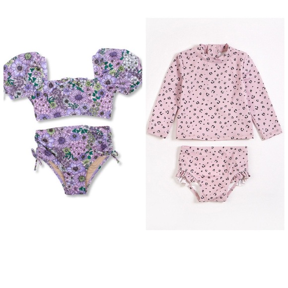 Petit Lem, Shade Critters Print Violet Long Sleeve Swim Set, Floral Set Lot 3T